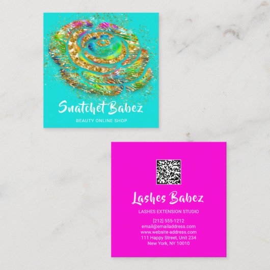 Online Winkelroze Water Gold QR Code Logo Vierkante Visitekaartje (Voorkant / Achterkant)