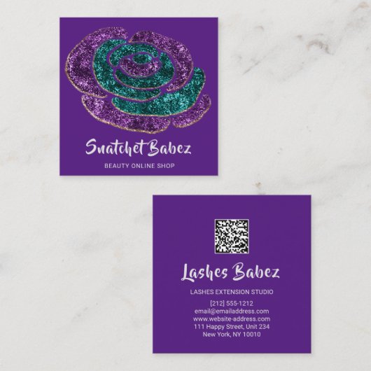 Online winkelschoonheid Glitter Paarse QR-code Log Vierkante Visitekaartje (Voorkant / Achterkant)
