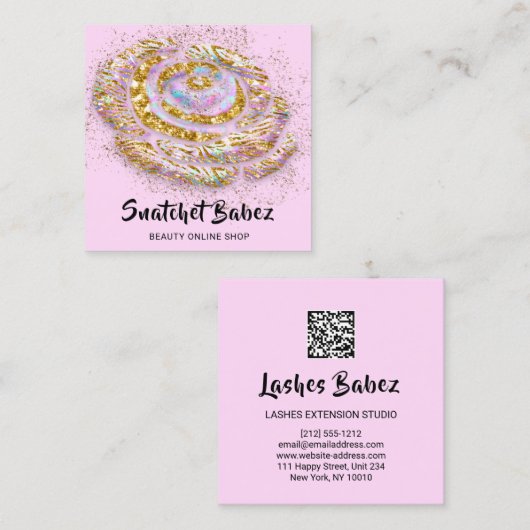 Online winkelStudio Holograaf Roze QR-code Logo Vierkante Visitekaartje (Voorkant / Achterkant)