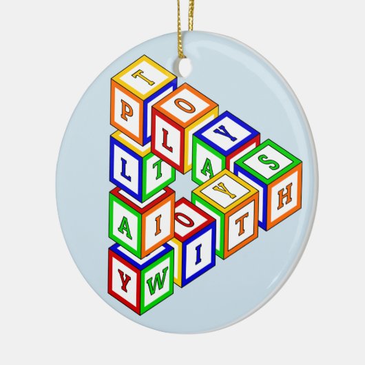 Onmogelijke constructie van een driehoek op blauw keramisch ornament (Links)