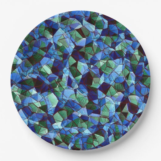 Onregelmatige blauwe en groene mozaïekoverlay papieren bordje (Voorkant)