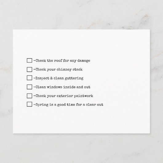 Onroerend goed agent HALLO Voorjaarschecklist beke Aankondigingskaart (Achterkant)