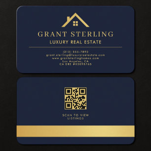 Onroerend Goed Agent QR Code Marineblauw Goud Visitekaartje