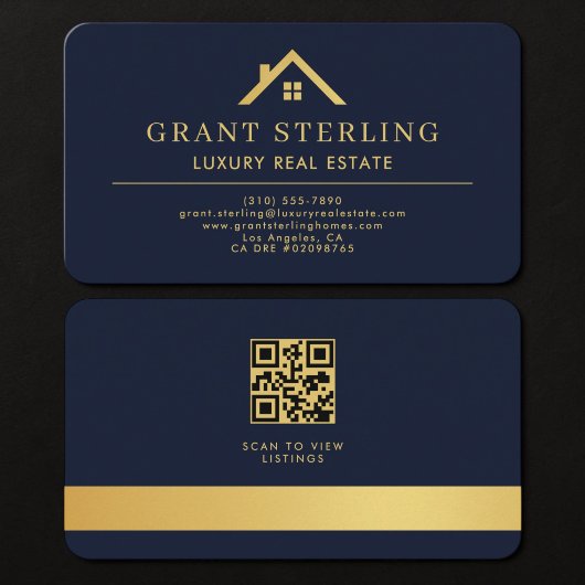 Onroerend Goed Agent QR Code Marineblauw Goud Visitekaartje