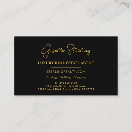 Onroerend goed Black Gold Script Luxury Profession Visitekaartje (Achterkant)