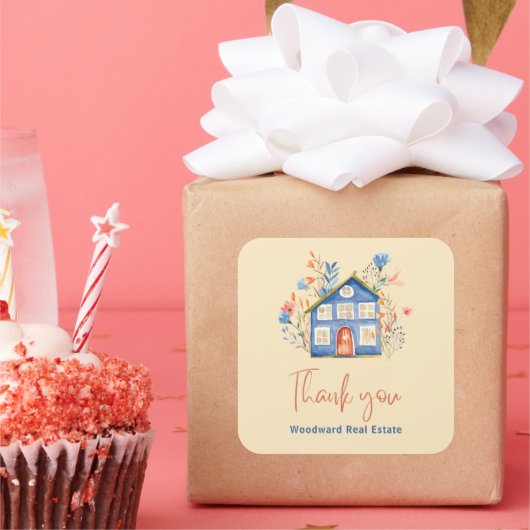 Onroerend goed Dank u | Waterverf Huis Bloemen Vierkante Sticker (Feest)