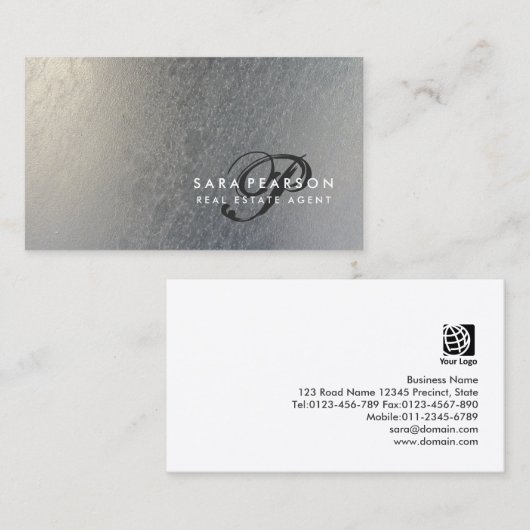 Onroerend goed Elegant Script Monogram Zilveren Te Visitekaartje (Voorkant / Achterkant)