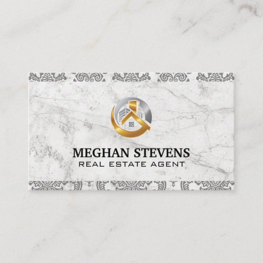 Onroerend goed Goud Zilver Logo | Damask Marmer Afsprakenkaartje (Voorkant)