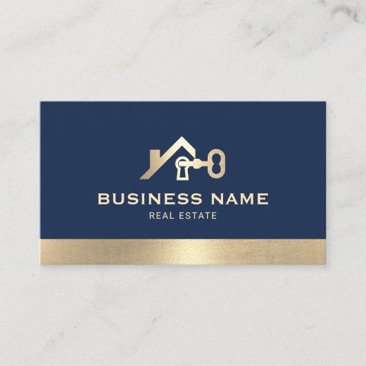 Onroerend goed Huis & Key Logo Marine & Goud Realt Visitekaartje (Voorkant)