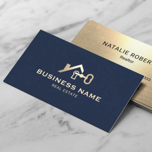 Onroerend goed Huis Key Logo Modern Navy Blue Gold Visitekaartje