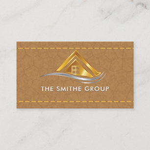 Onroerend goed huis Logo   met leer gestikt Visitekaartje