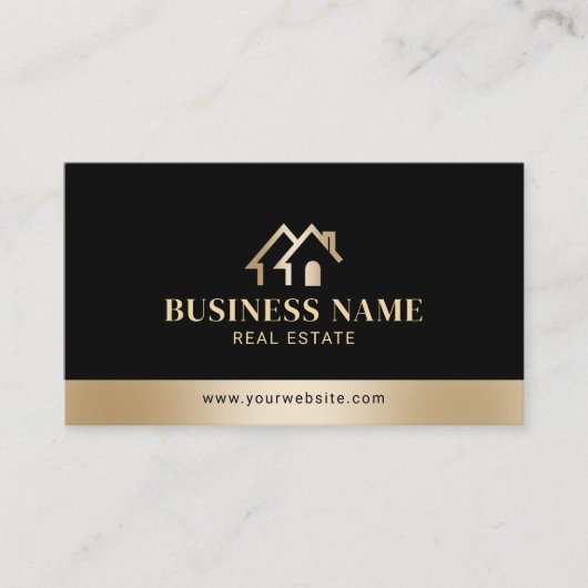 Onroerend goed Huis Logo Modern Zwart & Goud Realt Visitekaartje (Voorkant)
