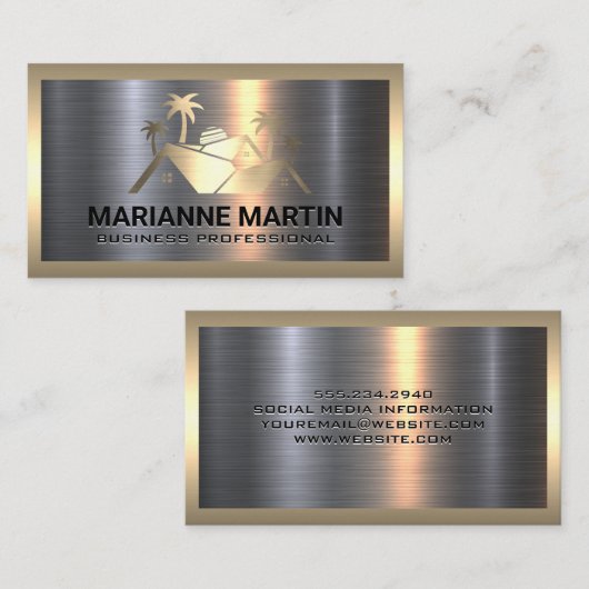 Onroerend goed Logo | Goud Zilver Metaalachtig Visitekaartje (Voorkant / Achterkant)