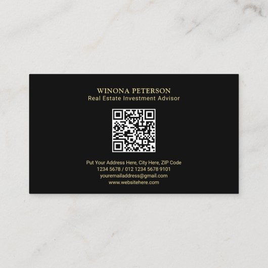 Onroerend goed met huisfoto, gouden accent, QR-cod Visitekaartje (Achterkant)