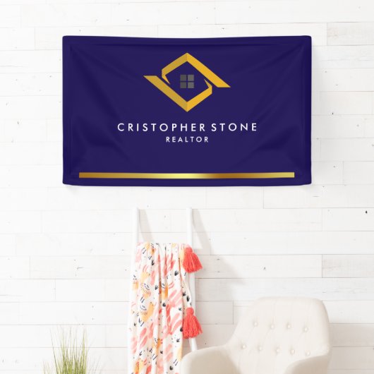 Onroerend Goed Navy Blauwe Huis Logo Moderne Makel Spandoek (Insitu)