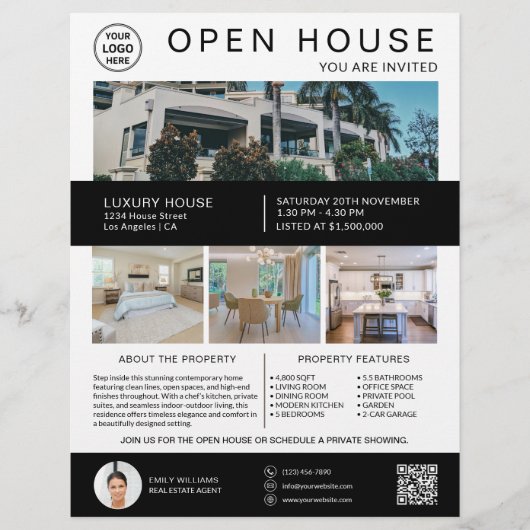 Onroerend goed Open Huis Logo Foto QR Wit Flyer (Voorkant)