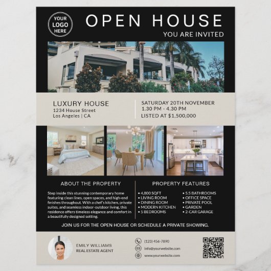 Onroerend goed Open Huis Logo Foto QR Zwart Flyer (Voorkant)