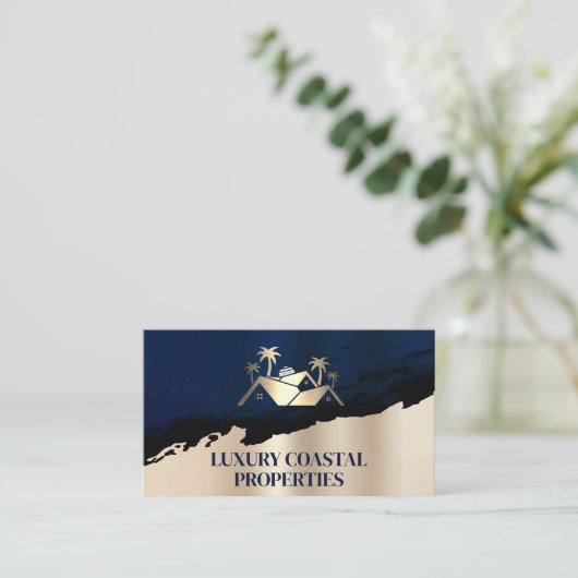 Onroerend goed Palm Tree Logo | Blauw goud Visitekaartje (Staand voorkant)