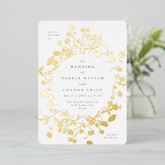 ONROEREND Goud Cirkel Gedroogde wilde bloem Dichth Folie Uitnodiging (Staand Voorkant)