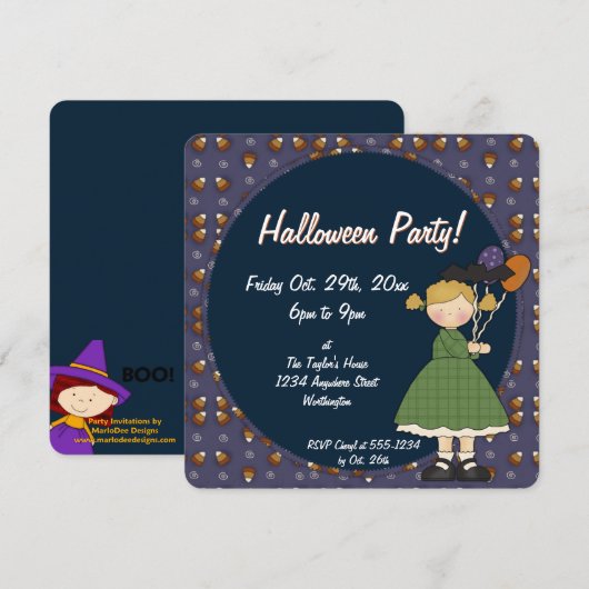 Onroerend meisje van de partij Prim Halloween Kind Kaart (Voorkant / Achterkant)