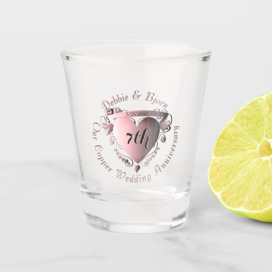 "Ons 7e koperen Jubileum"3D-hartemblam Shot G Glas (Voorkant)