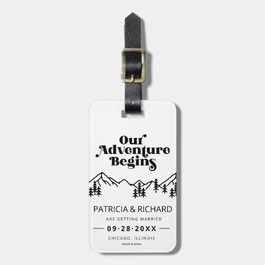 Ons avontuur begint buitenshuis met bruiloft en be bagagelabel (Voorkant verticaal)