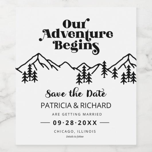 Ons avontuur begint buitenshuis met bruiloft en be wijn etiket (Enkel label)