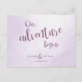 Ons avontuur begint calligraphy pruim bruiloft aankondigingskaart