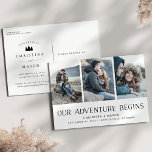 Ons avontuur begint | Drie Foto slaat de datum op Aankondigingskaart<br><div class="desc">Een rustic sparen het briefkaart van de datumfoto voor de buitenkant en het avontuurlijk paar, dat wordt ontworpen om drie van uw favoriete verloving foto's aan zij gericht aan te passen. 'Ons avontuur begint' staat zwart op de bodem, met uw namen, trouwdatum en trouwlocatie eronder. Voeg extra details aan de...</div>