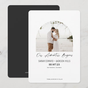 Ons avontuur begint, eenvoudige moderne boogfoto save the date