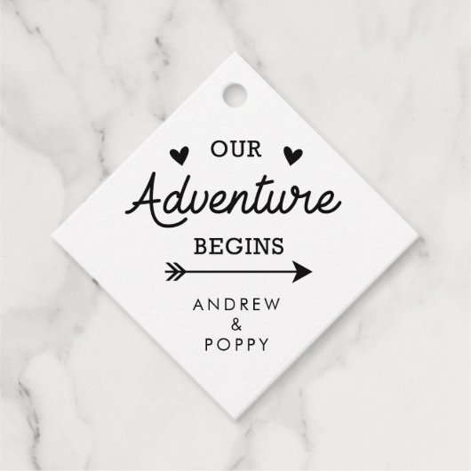 Ons avontuur begint harten en pijlen bedankjes labels (Voorkant)