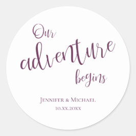 Ons avontuur begint met een plumtypografie bruilof ronde sticker