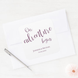 Ons avontuur begint met een plumtypografie bruilof vierkante sticker