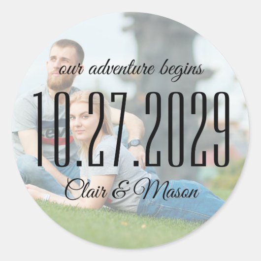 Ons avontuur begint met foto Save the Date Sticker (Voorkant)