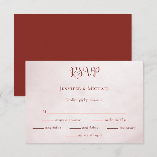 Ons avontuur begint met maroon calligrafie bruilof RSVP kaartje (Voorkant / Achterkant)