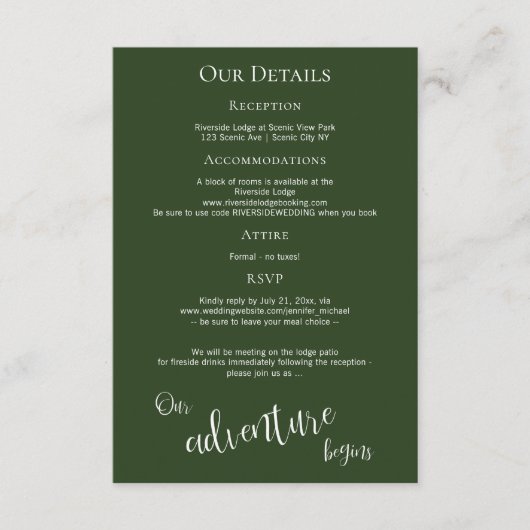 Ons avontuur begint met rustieke details van het b informatiekaartje (Voorkant)