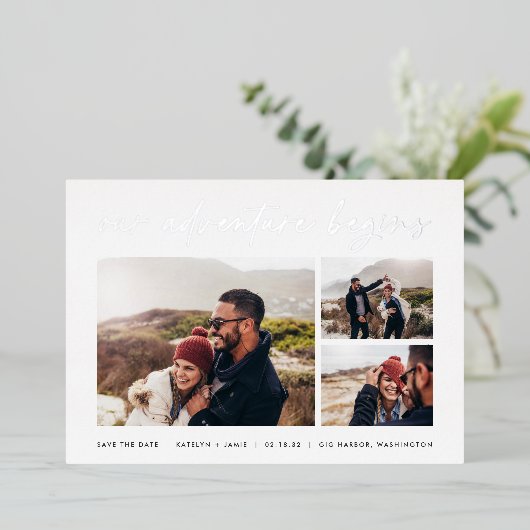 Ons avontuur begint | Multi-foto slaat de datum op Folie Uitnodiging (Staand Voorkant)