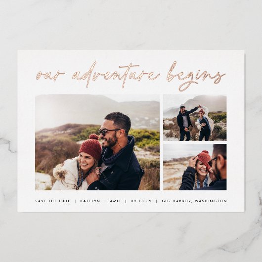 Ons avontuur begint | Multi-foto slaat de datum op Folie Uitnodiging (Voorkant)
