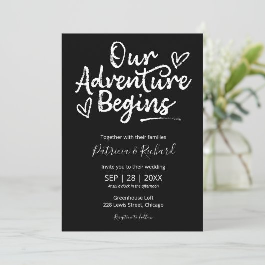 Ons avontuur begint rustieke bruiloft uitnodiging (Staand voorkant)