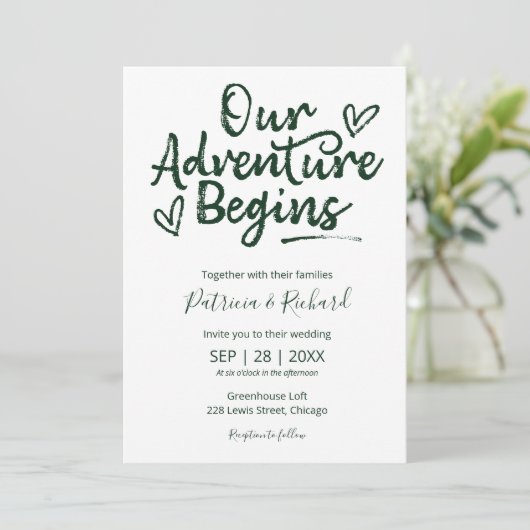 Ons avontuur begint rustieke bruiloft uitnodiging (Staand voorkant)