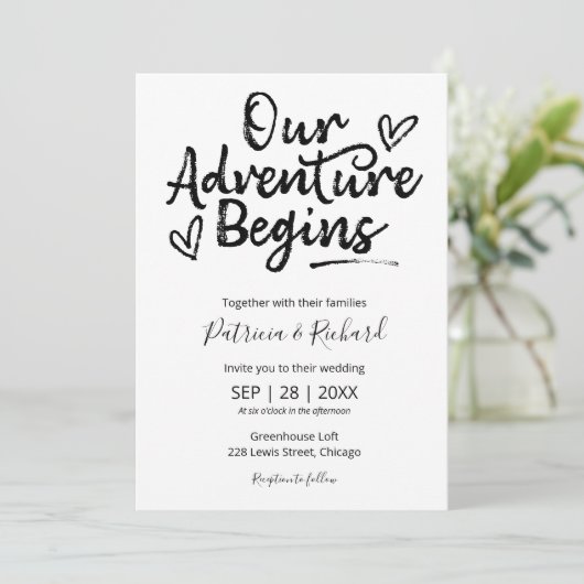 Ons avontuur begint rustieke bruiloft uitnodiging (Staand voorkant)