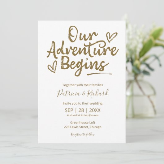 Ons avontuur begint rustieke bruiloft uitnodiging (Staand voorkant)