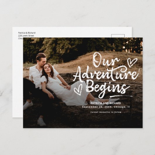 Ons avontuur begint te trouwen en bespaart de datu briefkaart (Voorkant / Achterkant)