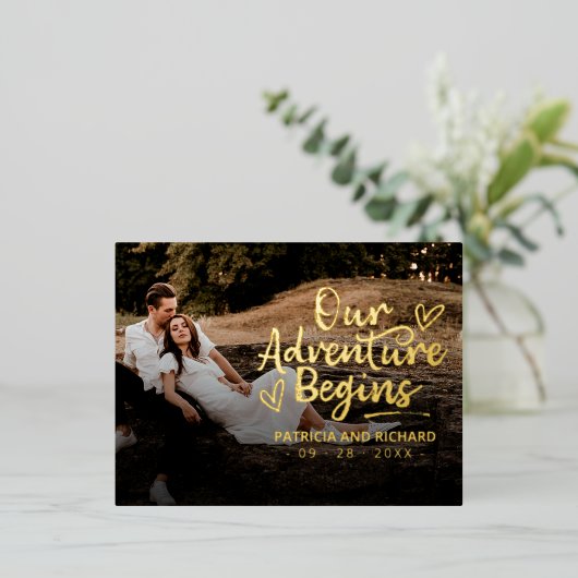 Ons avontuur begint te trouwen en bespaart de datu folie feestdagen briefkaart (Staand Voorkant)