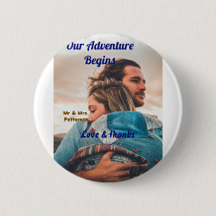 Ons avontuur begint voeg koppel foto liefde & dank ronde button 5,7 cm