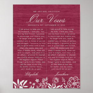 Ons bruiloft Vows Burgundy Floral Wood Jubileum Poster
