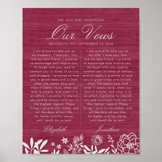 Ons bruiloft Vows Burgundy Floral Wood Jubileum Poster (Voorkant)
