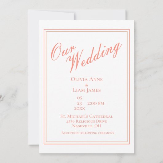 Ons bruiloft Wit Peach Modern Elegant Wedding Kaart (Voorkant)