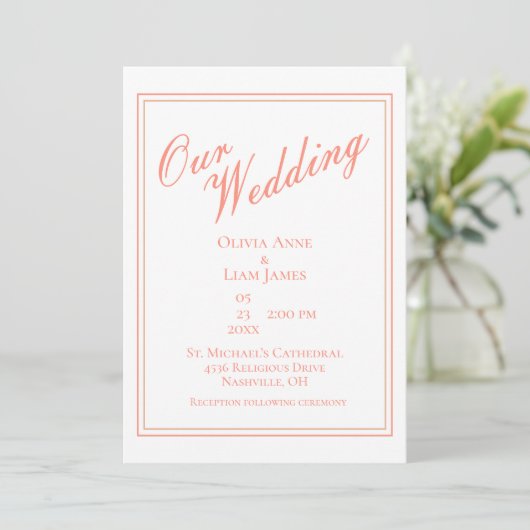 Ons bruiloft Wit Peach Modern Elegant Wedding Kaart (Staand voorkant)