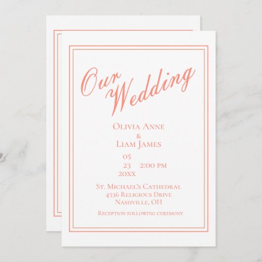 Ons bruiloft Wit Peach Modern Elegant Wedding Kaart (Voorkant / Achterkant)